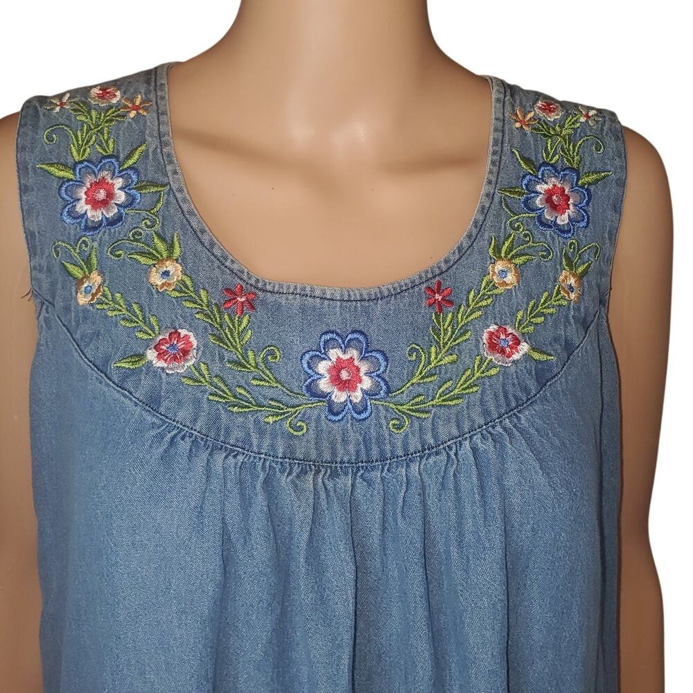 Vermont Country Store Embroidered Cotton Denim Shift Midi Dress Large (estimate)